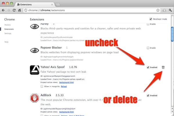 disable yahoo extension