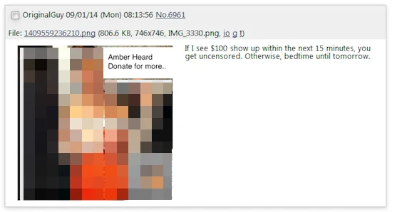 Screenshot of censored celebrity images being ransomed on a forum