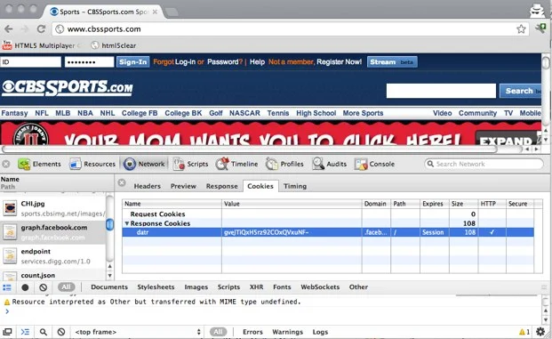Chrome developer tools showing the datr cookie set by Facebook on a third-party site